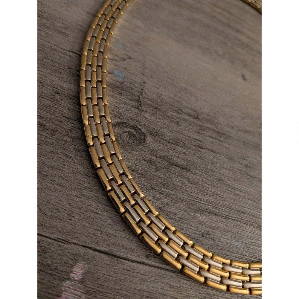 Mens Two Tone Panther Link Chain Necklace Gold Silver Tone Flat Polished Choker